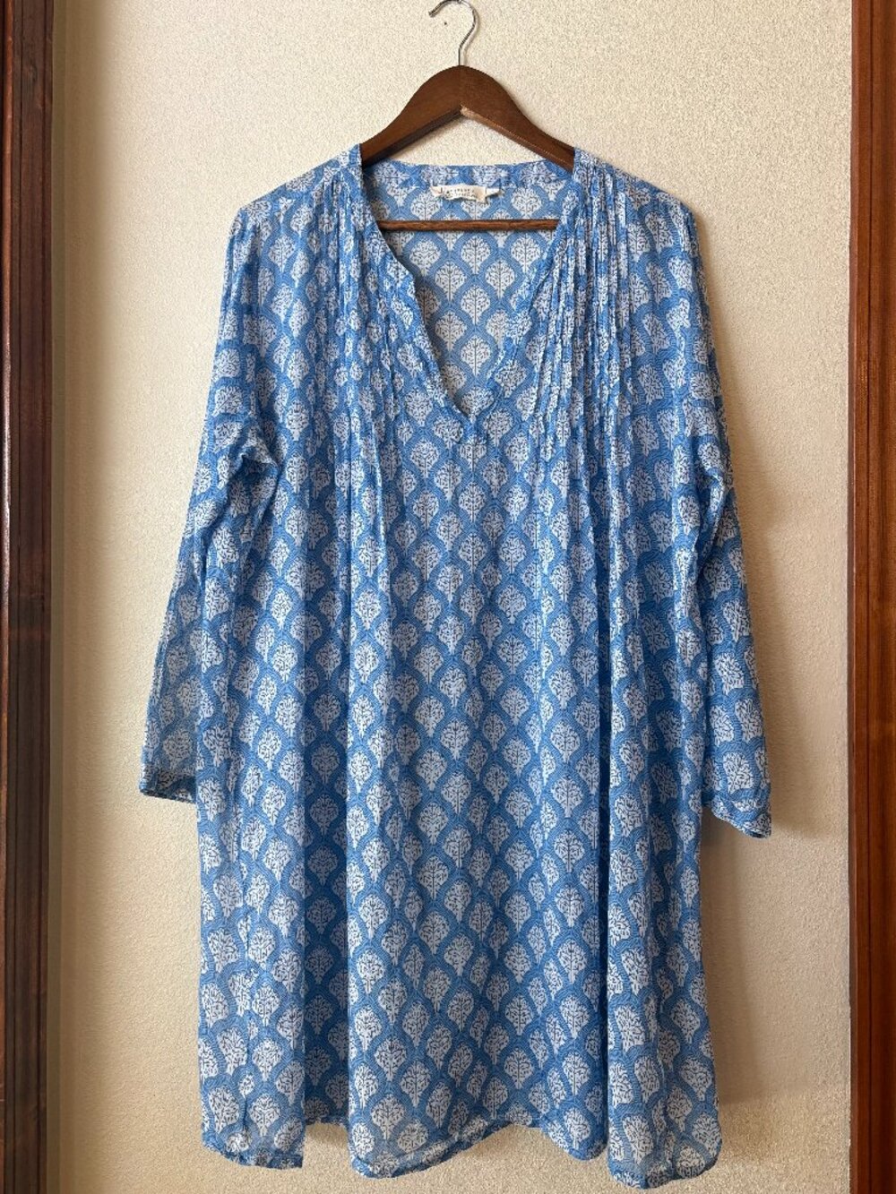 Rockflowerpaper Fifer Blue Cotton Pintuck Beach Coverup Boho Block Print Tunic L